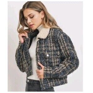 NWT Sweet Rain Women's 3X Cropped Plaid Tweed Jacket Sherpa Collar Blue Tan